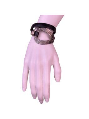 Saachi Womens Black Leather Hammered Metal Double Wrap Bracelet Modern Design
